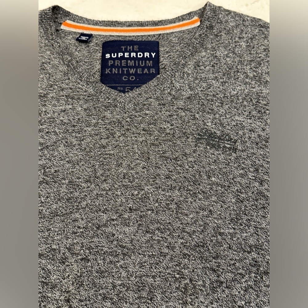 Superdry Men's V-Neck Sweater in Charcoal Gray with Orange Trim - Picture 2 of 12